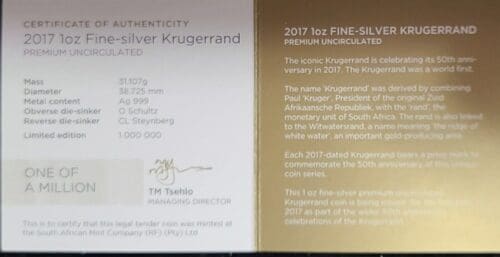 2017 South African 1 oz Silver Krugerrand 50 year Privy - Image 5