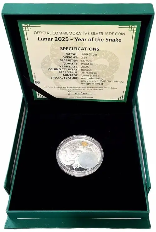 2025 Burundi Year Of The Snake 2 oz Silver Proof  Jade Stone - Image 4
