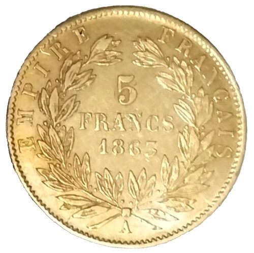 1863 French 5 Gold Franc Napoleon III Gold Coin AU - Image 2