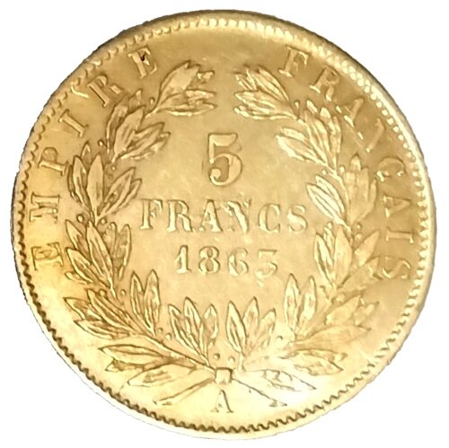 1863 French 5 Gold Franc Napoleon III Gold Coin AU - Image 4