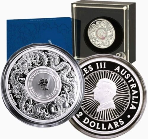 2024 Australia 2 oz Silver Double Dragon Proof w/ Pearl Insert - Image 3